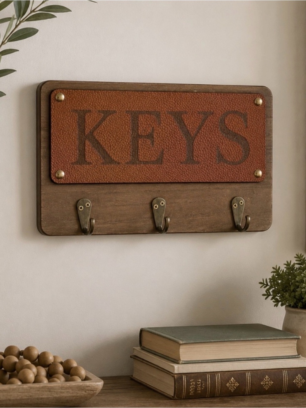 Willow Spring Keys Faux Leather 3 Wall Hook Hanging Brown Camel